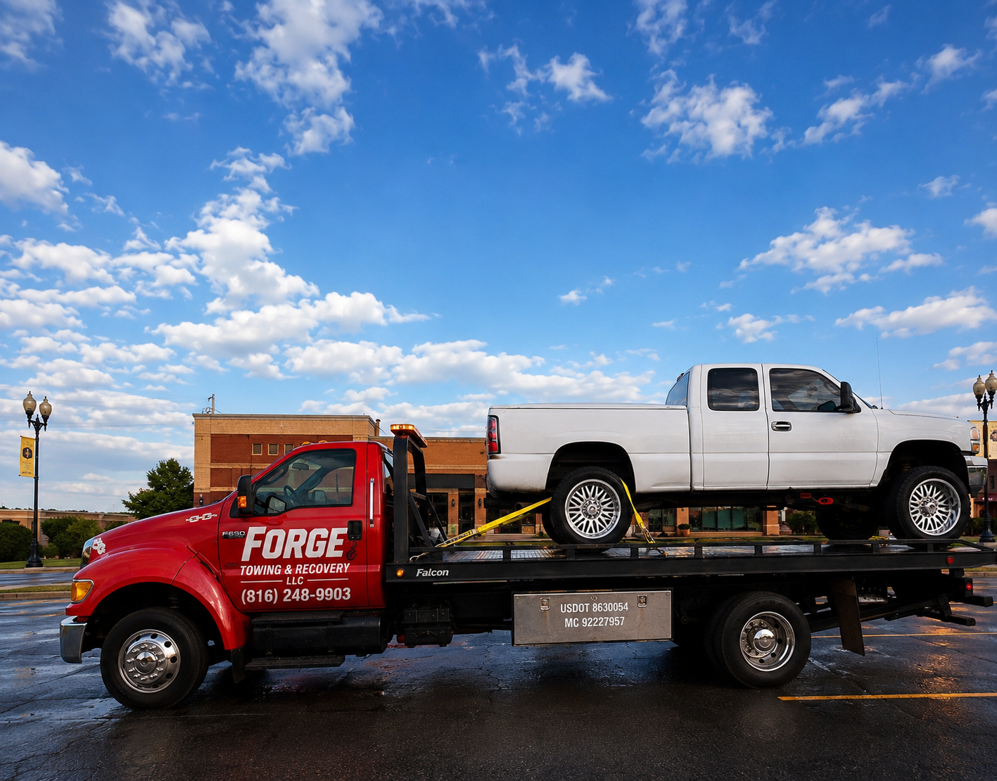 Forge Towing & Recovery flatbed towing a white pickup truck